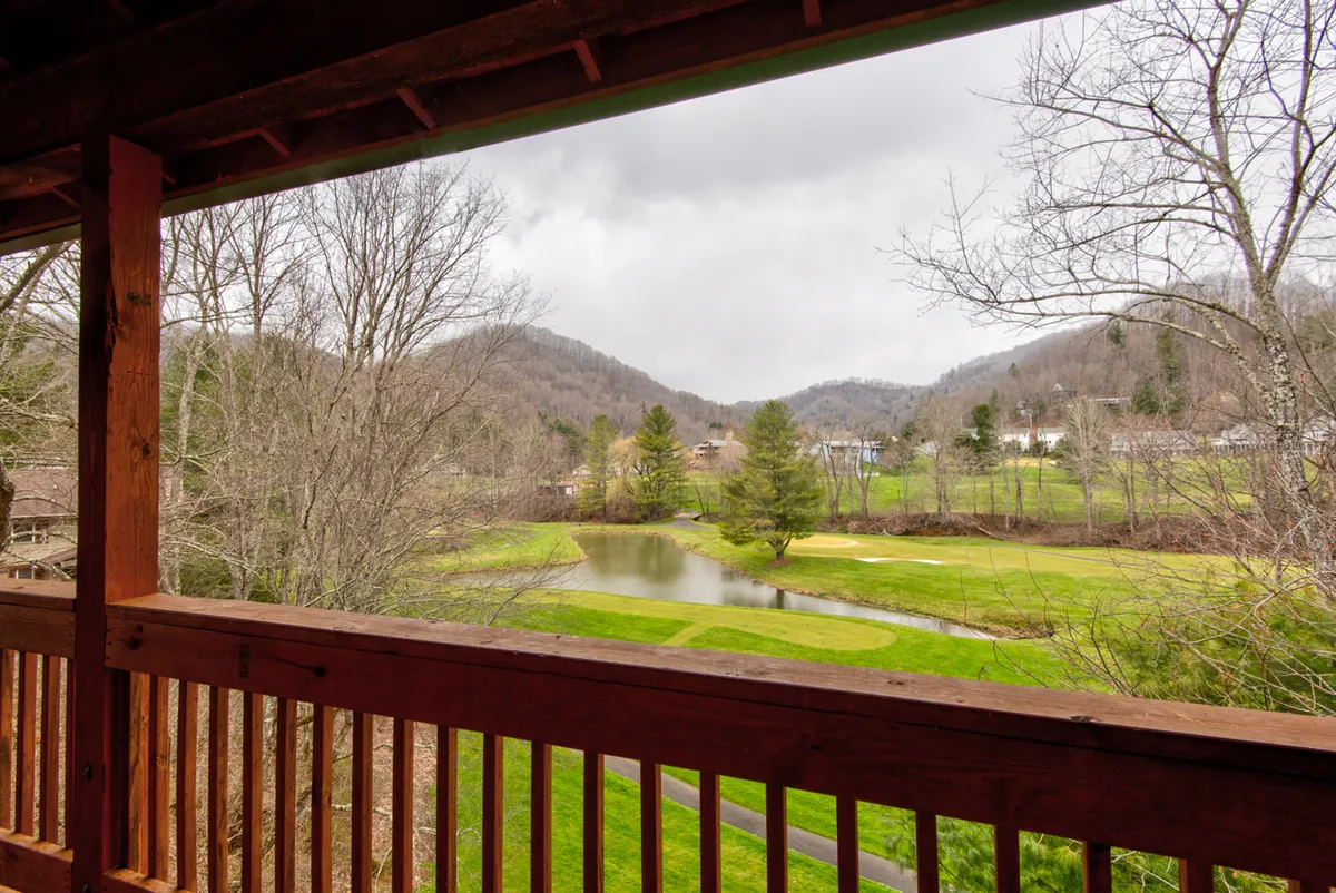 A peaceful view featuring mountains in the distance, a tranquil pond, lush green grass, and bare trees. The wide open space and natural features suggest plenty of opportunities for nature walks, bird watching, and relaxing time spent outdoors with pets.